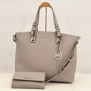 Michael Kors Taupe Saffiano Leather Tote Bag & Matching Wallet Set Silver